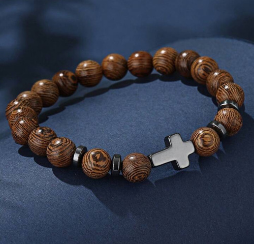Pulsera De Piedra Natural Con Cruz Acero Brazalete Ajustable Café 17.5 Cm 17.5 Cm