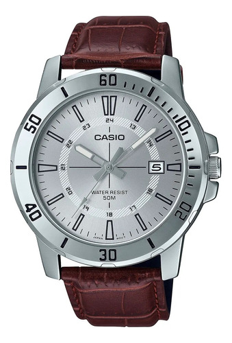 Reloj Casio Malla De Cuero Esfera Plateada Mtp-vd01l-7cvudf 