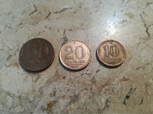 3 Moedas 10, 20, E 50 Centavos 1943 Níquel Rosa Raras