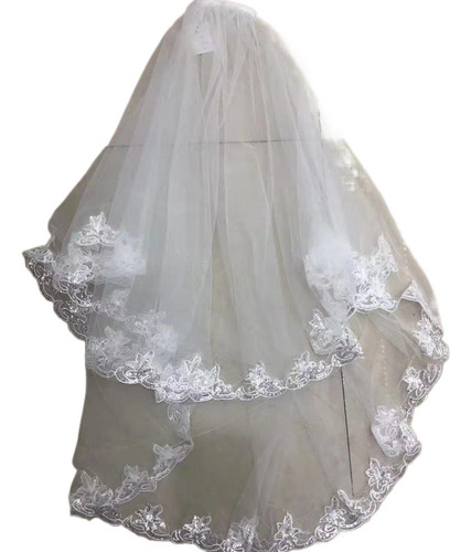 Velo De Novia Doble Capa Con Peine Encaje Y Lentejuelas