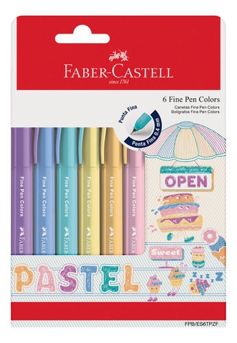 Caneta Hidrográfica Fine Pen 0.4mm Faber Castell 6 Cores Pastel