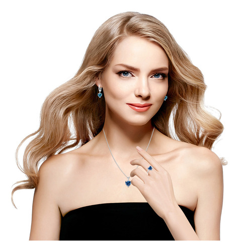 Collar Dije Corazón Cristal Mujer Arete Anillos 4pcs/kit