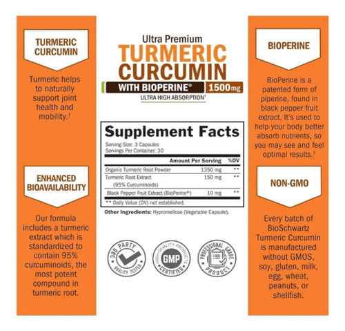 Turmeric Curcumin 1500 Mg 90 Cáps C/bioperine Importado Vegano