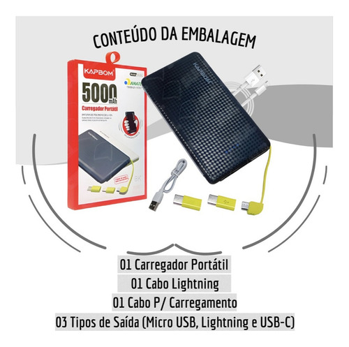 Carregador Portátil  Power Bank 5000mah Kapbom Preto Branco Cor Preto