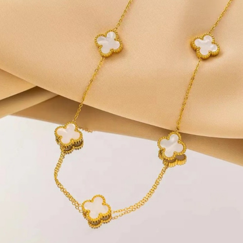 Cadena Collar 5 Treboles 4 Hojas Vc Buena Suerte Baño Oro 18 Dorado Y Blanco