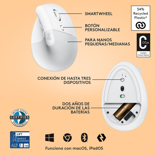 Mouse Logitech Lift Inalámbrico Ergonómico Sensor Óptico Bla
