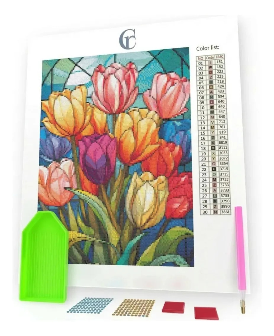 Kit Pintura em Diamantes Flores Vitrais 30x40cm Completo para DIY