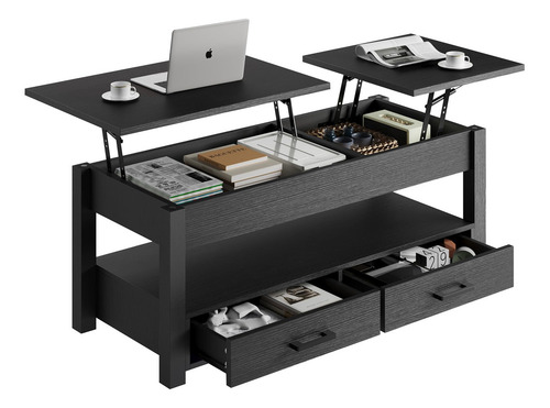 Mesa De Centro De Madera Doble Elevación Con 2 Cajones Negro