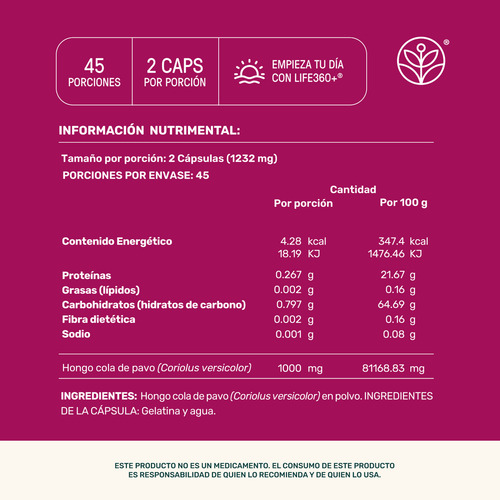 Cola De Pavo Life 360+ 90 Cápsulas Con Hongo Cola De Pavo