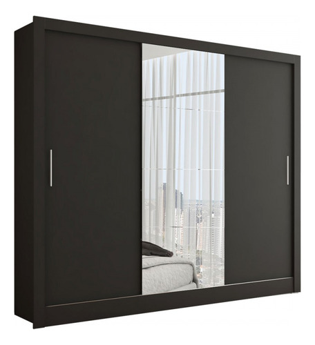 Guarda-roupa Casal Katherine Slim 3 Portas Com Espelho Cor Preto