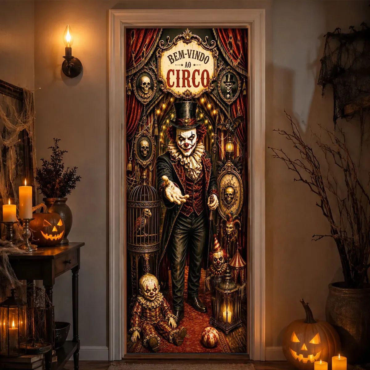 Capa de Porta Halloween Circo do Terror Decoração de Porta de Entrada da Casa Decorativo Capa Para Porta Em Tecido Com Elástico