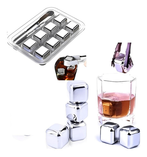 Kit 8 Cubo De Gelo Inox C/ Pegador Whisky Suco Refrigerante