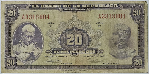 Billete 20 Pesos 07/ago/1947 Colombia F-vf