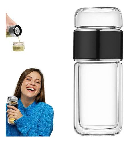 Botella De Vidrio Doble Pared Portátil, Termos Infusor De Té Pared Portátil Negro