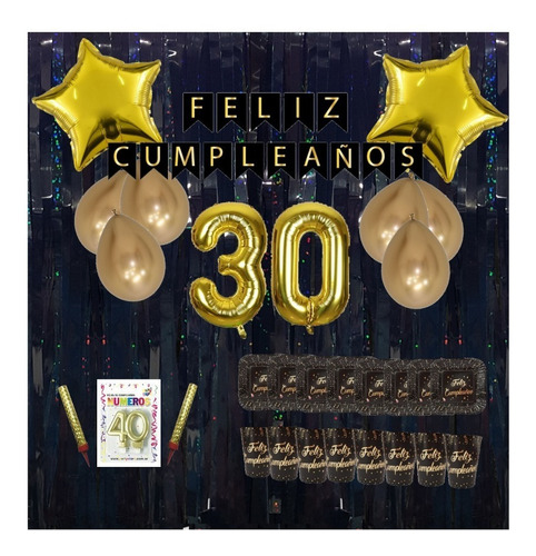 Kit Decoración Cumpleaños - Negro Y Dorado - 30 Años