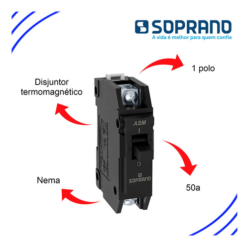 Disjuntor Monofásico 50a Asm1 Unipolar Nema 50/60hz Soprano
