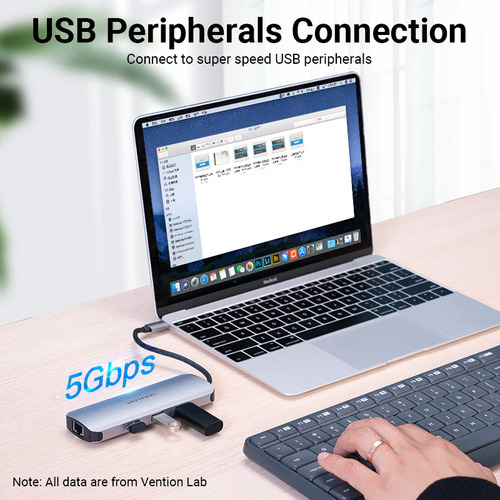 Hub Usb Multipuerto Vention - 9 En 1 - Usb C A Hdmi + Rj45 + 3 Puertos Usb 3.0 + Lector De Tarjetas Sd Tf+ Aux 3.5 + Pd 100w Usb C - 4k - Carcasa Aluminio - 15 Cm - Para Pc / Mac / Laptop - Tolhb
