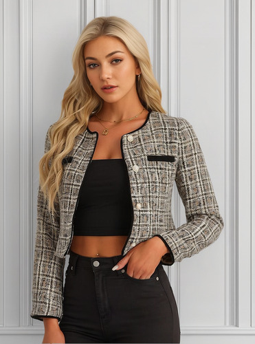 Chaqueta De Tweed Mujer Abrigo Informal Con Cuello Redondo