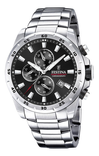 Reloj pulsera Festina Chrono Sport F20463 de cuerpo color plateado, analógico, para hombre, fondo negro, con correa de acero inoxidable color plateado, agujas color plateado, blanco y rojo, dial plateado y blanco, subesferas color negro, minutero/segundero blanco, bisel color plateado y desplegable