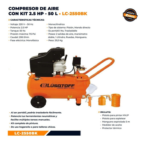 Imagen 3 de 7 de Compresor De Aire 50l Lusqtoff + Kit 3 Piezas + Acoples