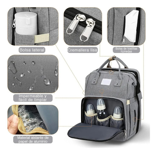 Mochila Maternal 3 En 1. Incluye Cuna Cargador Usb Cambiador Negro Liso