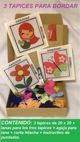 3 Kits Bordado Niños Completo En Tapiz Cañamazo