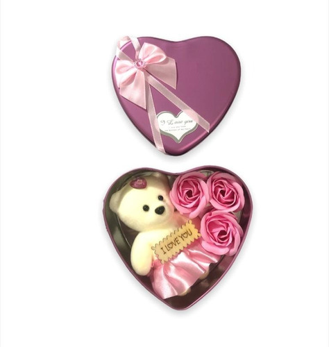 Caja De Corazón Oso Con 3 Rosas De Jabon Regalo San Valentin