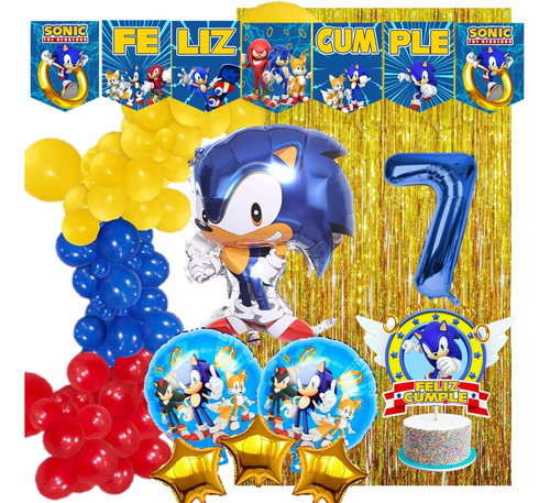 Combo Fiesta Deco Globos Sonic Banderin Adorno Para Torta