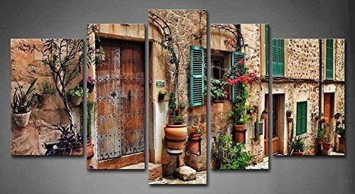 Cuadro Toscana Pintura Flor Calle 5 Paneles