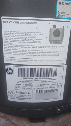Termotanque Rheem Gas Tgnp150rh Iram Eficiencia A+ Muy Buen Gris Oscuro (Usado)