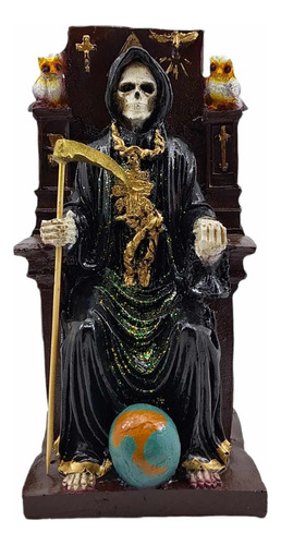Santa Muerte Negra Ritualizada Sentada En Trono 22 Cm Resina