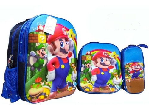 Kit Morral Mario Bross Mediano Escolar + Lonchera + Cartuche