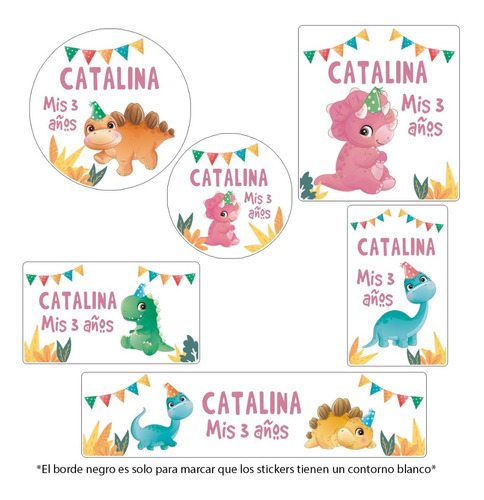 Kit 180 Stickers Dinosaurio Rosa Acuarela Candy Bar Etiqueta