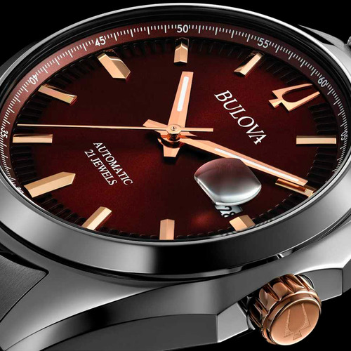 Relógio Bulova Surveyor Automatico 98b422 E Correia Prateado Bisel Prateado Fundo Bordô