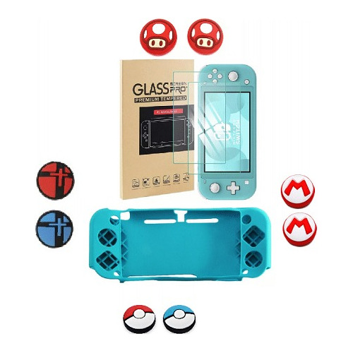 Funda Azul Silicon+cristal+2 Gomas Para Nintendo Switch Lite