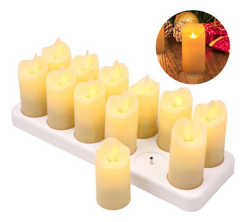 12 Velas Recargables Sin Llama, Color Amarillo Cálido D