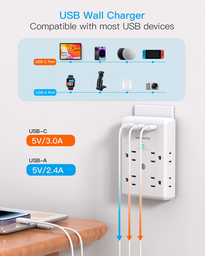 Extensor De Toma De Corriente MĂșltiple Con Puertos Usb C