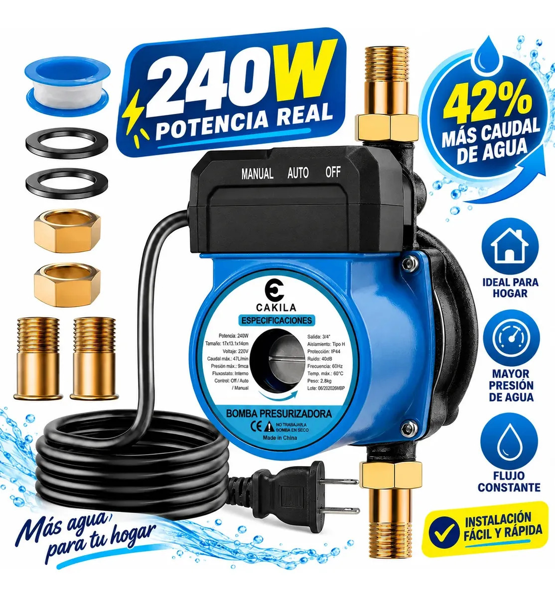 Bomba Presurizadora 240W 1/6HP Silenciosa Automática 47L/min para Hogar Casa Baja Presión CAKILA