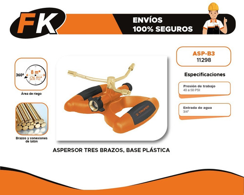 Aspersor Tres Brazos, Base Plástica Truper 11298