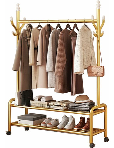 Rack Perchero Reforzado Movil Con Ruedas Doble Estante Ropa Color Dorado