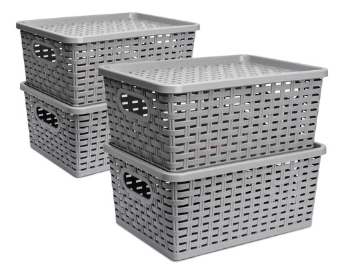 Set X4 Cajas Organizadoras Con Tapa Canasta Mimbre Plástico 