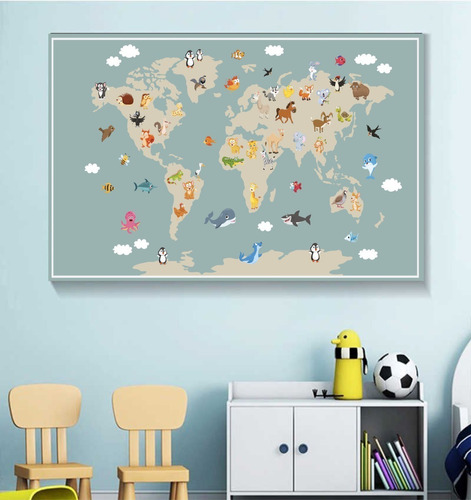 Cuadro Mapamundi 40x60 Mural Mapa Mundo Infantil En Lienzo