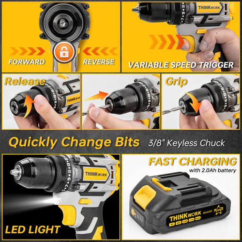 Kit Thinkwork W6211 Taladro Inalámbrico Desatornillardor Electrico 20v 3/8 Color Negro