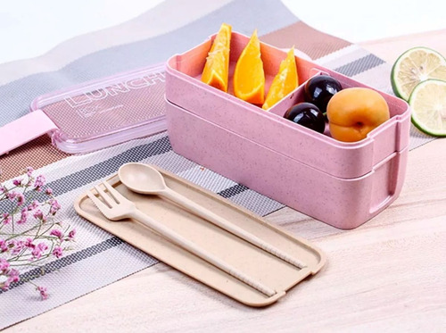 Lunch Box Lonchera 750 Ml Dos Pisos Con Cubiertos Rosa Liso