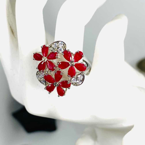 Anillo Flores Plata 925, Rubi Rojo Real 100% Natural N18