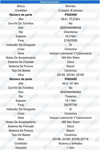 Set Completo Balatas Ceramica Ml350 3.7l V6 03-05