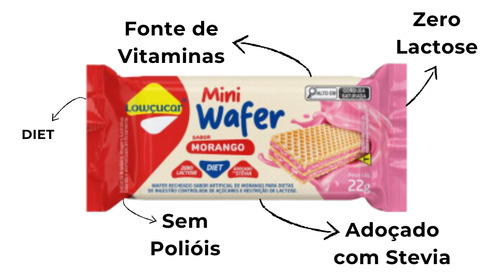 Mini Wafer Morango Zero Lactose Lowçucar 22g Caixa Com 20