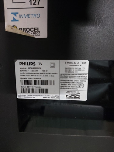 Tv Philips 50pug6900/78 =tela(display)quebrada = P/ret.peças