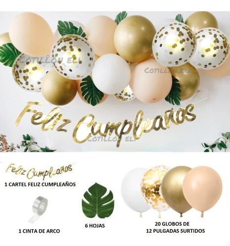 Set Mini Arco De Globos Dorado Champagne Blanco Hojas 