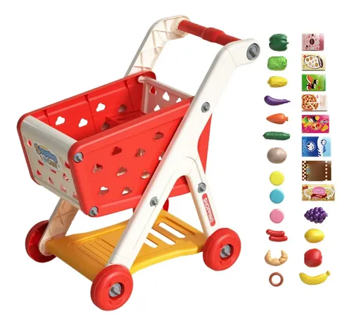 Carrito De Compras Para Niños | 46.5x26x51 Cm Con 20 Accesorios De Frutas Y Verduras | ABS Rojo O Verde | Juego De Roles De Supermercado | 3+ Años